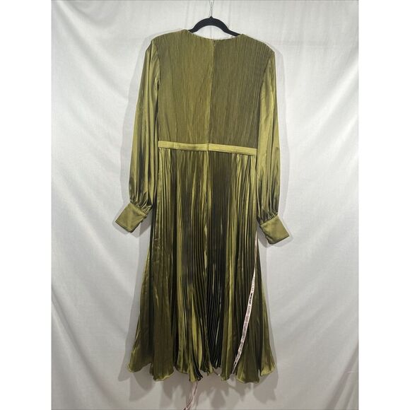 NWD IEENA Mac Duggal [ 12 ] Long Sleeve High Neck Heat Pleated Dress Olive Green - Picture 14 of 16